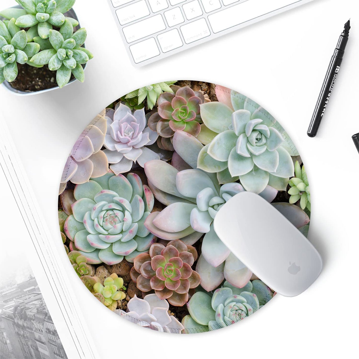 ITNRSIIET Round Mouse Pad with Stitched Edge Premium-Textured Waterproof Non-Slip Rubber Base Desktop Protection Mat Diameter 8.7 inches, Succulents