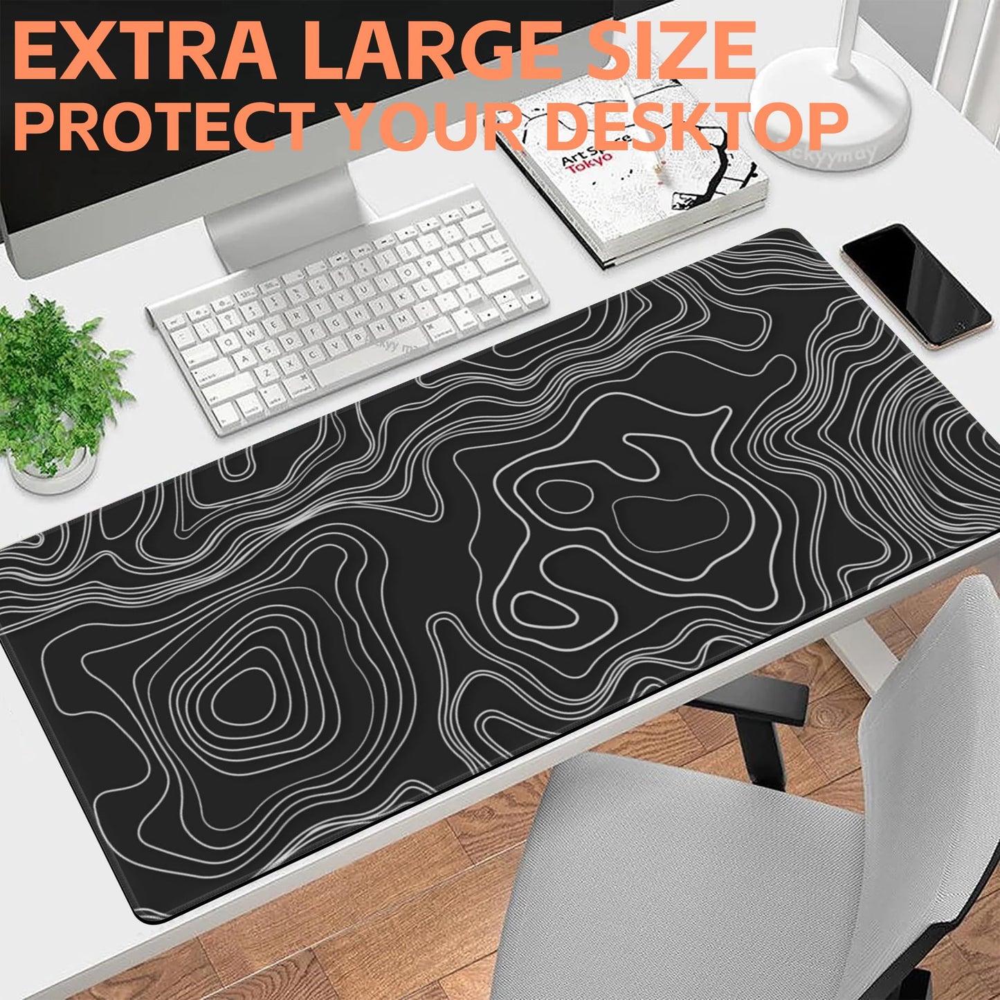 NIYLYNSYN Mouse Pad Large Topographic Map Lines Non-Slip Game Desk Mat with Stitched Edge Laptop Keyboard Desk Pad for Work Home Gaming (35.4 x 15.7 Inches)