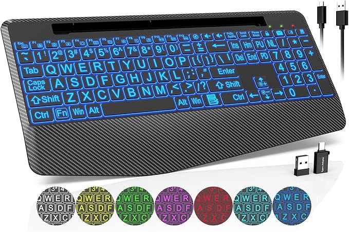 Wireless Keyboard, 7 Colored Backlits, Wrist Rest