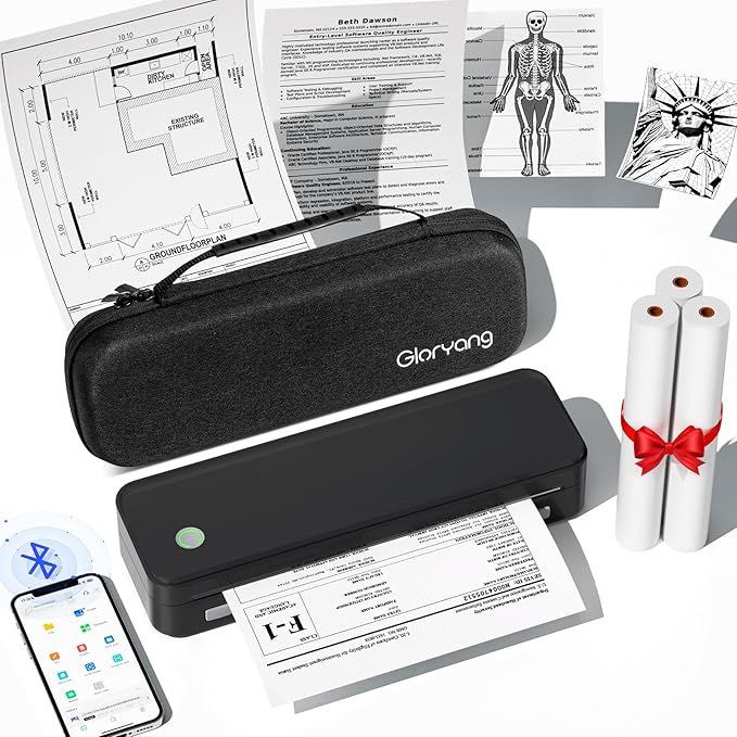 Gloryang Inkless Portable Printer for Travel, Wireless Thermal Printer Supports 8.5 x 11 Inch US Letter Size, Bluetooth Machine Includes Carry Case and 3 Rolls of Thermal Paper Kit