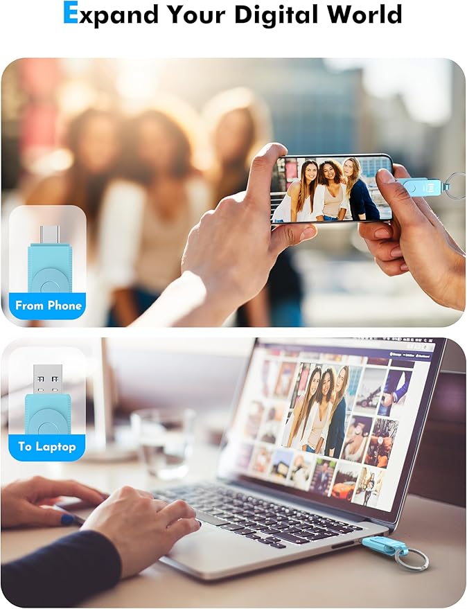 MOSDART 512GB USB3.1 Fast Speed C and A Dual Flash Drive, exFAT Memory Stick with Keychain and LED Indicator, for iPhone 15 and 16, Android Phone, iPad, MacBook, and Other Laptops, Sky Blue