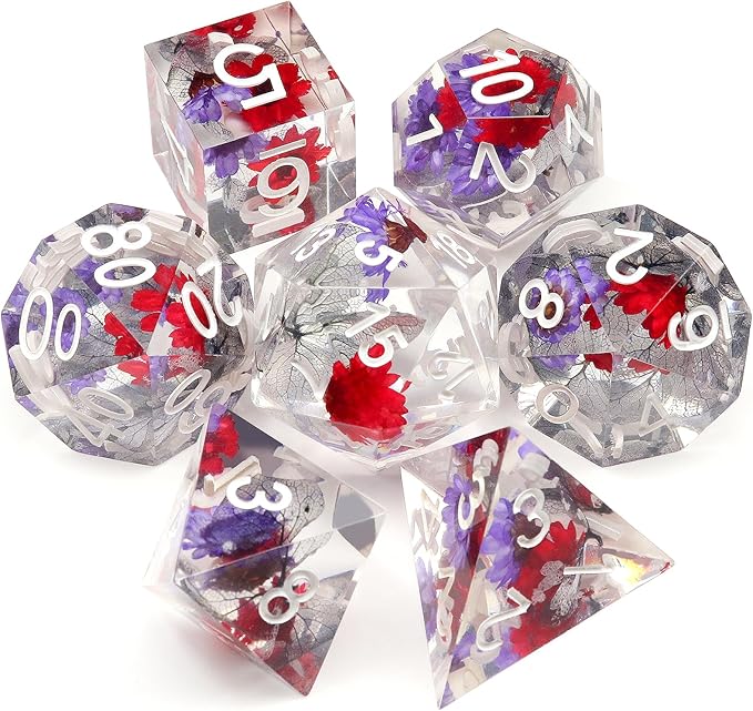 Haxtec Flower DND Dice Set Sharp Edge Dice with Dice Case Handmade Red Purple Floral Resin D&D Dice Set for TTRPGs Compatible with Dungeons and Dragons Gifts