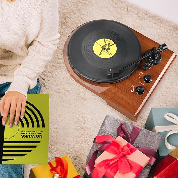 Vinyl Record Player with Bluetooth Input Output,Turntable with Built-in Preamp,USB Recording,Speed Adjustment,Counterweight and Moving Magnet Stylus,Upgraded Single-Platter Design (No Sub-Platter)