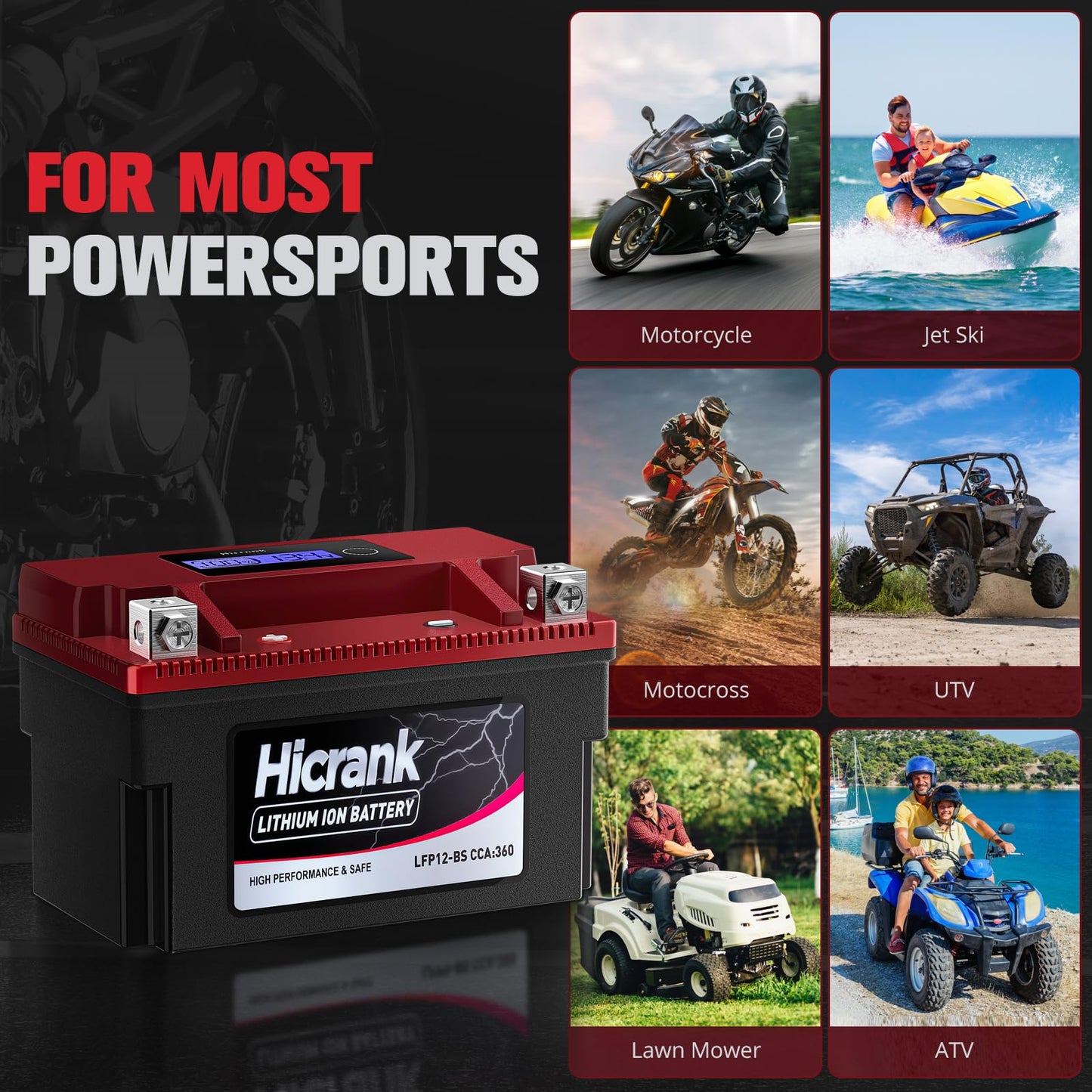 Hicrank YTX12-BS 12V 6Ah,360CCA LiFePO4 Lithium Motorcycle Battery,Powersports Battery for Honda KTM Yamaha Harley Fit ATV, UTV, Motocross, Lawn Mower, Jet Ski, Polaris