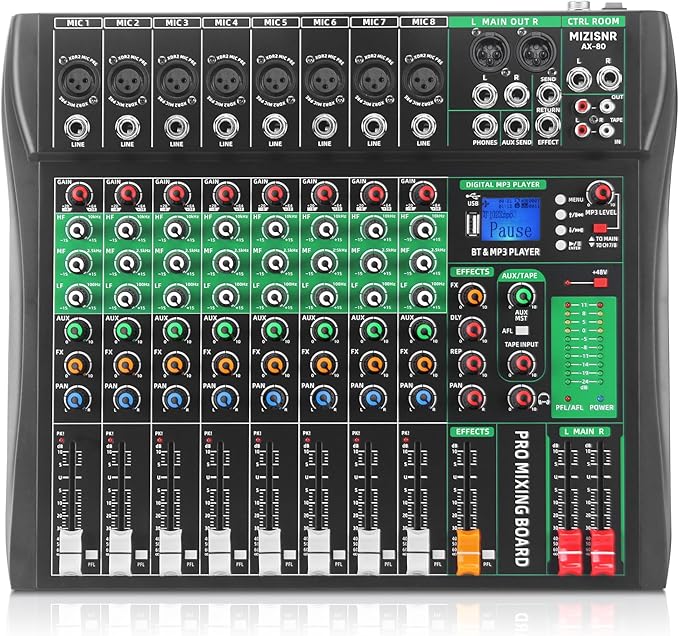 MIZISNR 6 Channel Audio Mixer, Professional DJ Mixer Board Sound Music Mixing Console Digital Mixer with Reverb, Bluetooth, USB Port, 48V Phantom Power for Recording Karaoke Podcasting