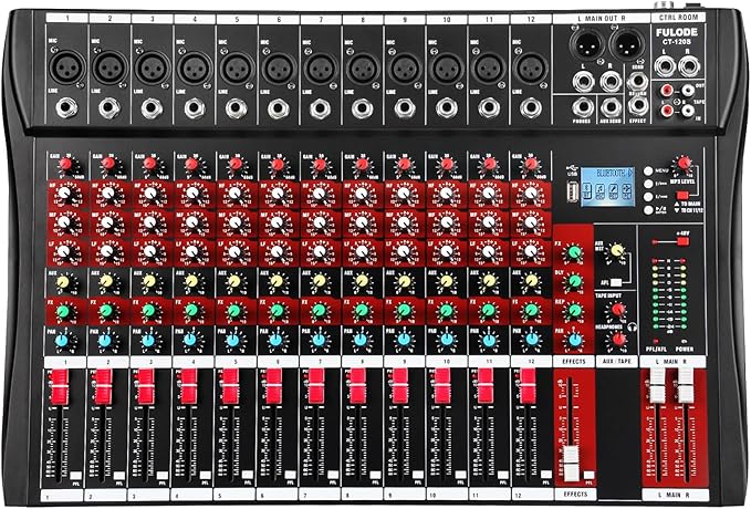 FULODE 12 Channel Audio Mixer, Professional Music Mixer Board DJ Mixing Console with Bluetooth, USB/MP3 Player, Reverb, and 48V Phantom Power for Studio Recording, Karaoke, and Live Performances