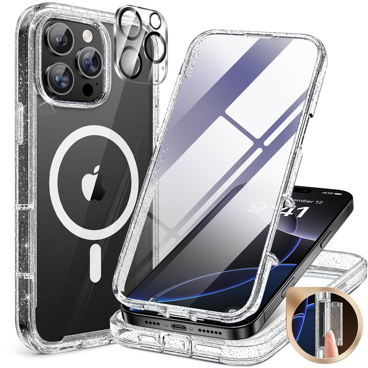 Miracase for iPhone 13 Case 6.1'',Full-Body Magnetic Clear Bumper Case with Built-in 9H Tempered Glass Screen Protector,Military Drop Protection Outdoor Phone Case — iPhone 16 Pro Max