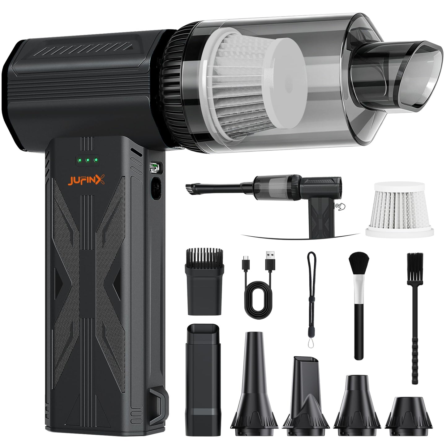 JUFINX Compressed air Duster & Small Vacuum,150000RPM 3in1 Computer Vacuum Cleaner (MAX Black)