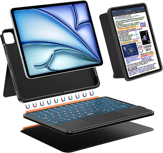 WIWU for iPad Case Keyboard for Air 13 Inch M4/M3/M2 2026/2025/2024 Magnetic Detachable Keyboard Case Adjustable Stand 7 Colours Backlit Keys Trackpad (Black, for Air 13"(M3/M2) Pro 12.9" 6/5/4/3)