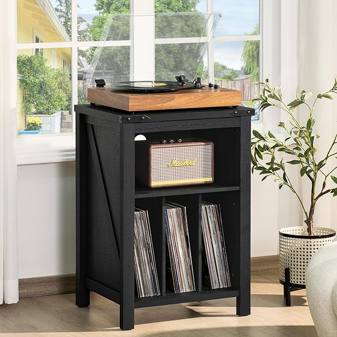 Record Player Stand with Vinyl Record Storage,Black Record Player Table Holds up to 160 Albums,Large Wood Turntable Stand Cabinet Dispaly Shelf for Living Room,Bedroom,Office