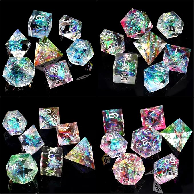 Haxtec Rainbow Sharp Edge Dice Set DND Dice with Iridescent Mylar Resin Dice Galaxy D&D Dice for RPG Role Playing Compatible with Dungeons and Dragons Gift