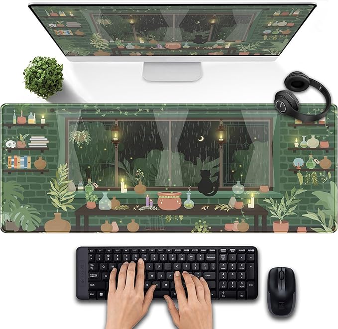 Cute Pastel Mint Green Forest Sage Desk Mat Anime Large Gaming Mouse Pad XL, Aesthetic Sunrise Laptop Computer Keyboard Mouse Mat, Women Office Desk Decor Cover Mat with Stitched Edges 31.5"x11.8"