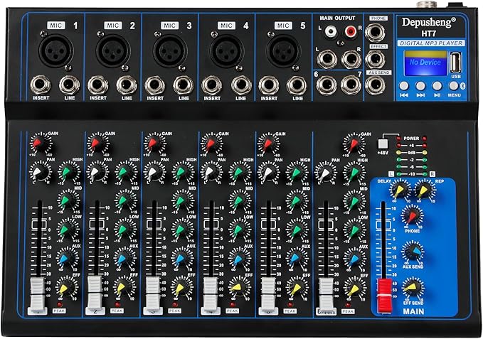 Depusheng HT4 Bluetooth Compatible Professional Portable Digital DJ Console w/USB 4 Channel Mixer Audio Interface-Mixing Boards For Studio Recording, Black