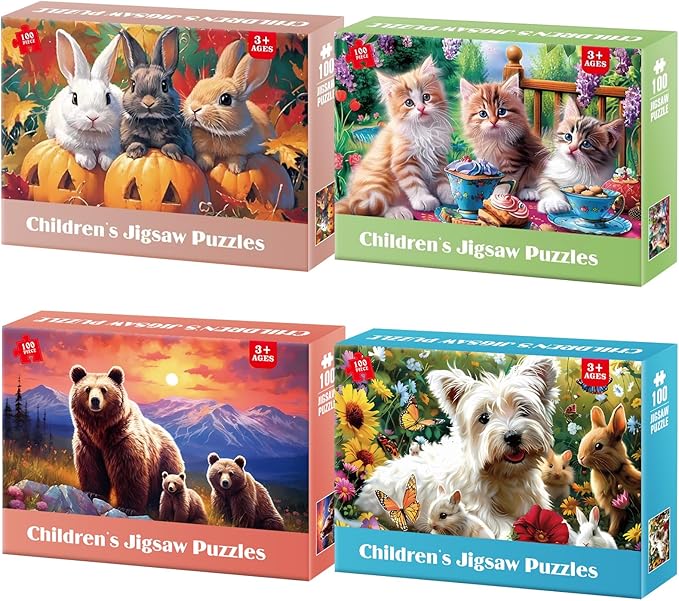 Jeacirio 4 Pack 100 Piece Puzzles for Kids Ages 4-6 6-8 8-10, Dog Cat Jigsaw Puzzles for Kids, Large Piece Educational Puzzle Toys with Posters & Bags, Gifts for Boys Girls