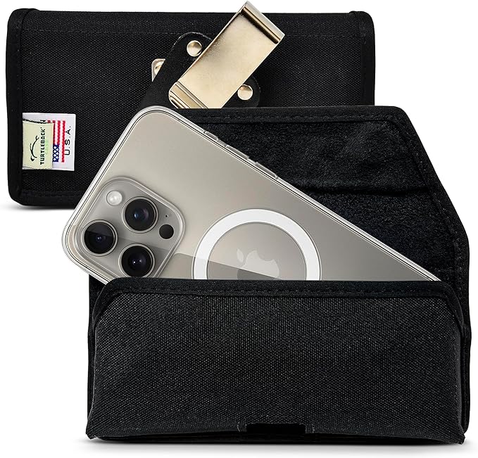 Turtleback Belt Holder for iPhone 16 Pro, 16e, 15 pro 14 Pro 13 Pro -Small- Fits w/Slim MagSafe Style Cases, Premium Black Leather Horiz. Belt Holster, Magnetic Closure, Leather Wrapped Belt Clip