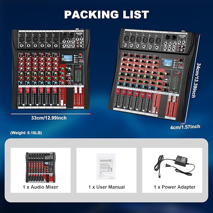 6 Channel Audio Mixer, Professional Music Mixer Board DJ Mixing Console with Bluetooth, USB/MP3 Player, Reverb, and 48V Phantom Power for Studio Recording, Karaoke, and Live Performances