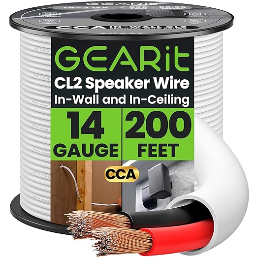 GEARit in Wall Speaker Wire,14 Gauge White Speaker Wire 200FT CL2 Rated