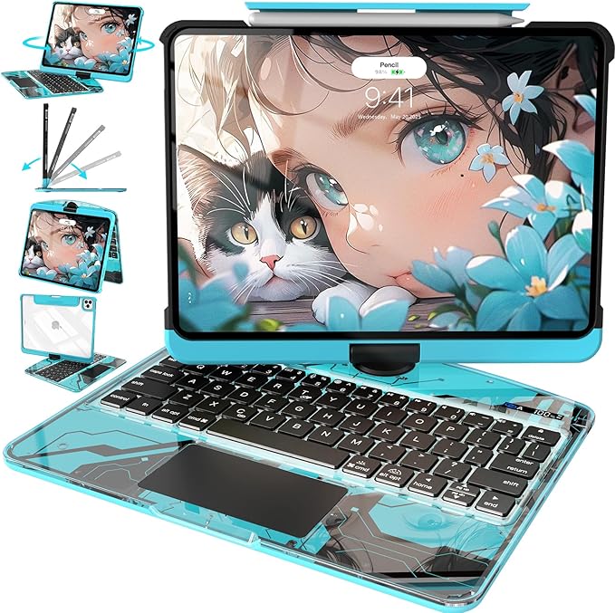 Intermerge Transparent Keyboard Case for iPad Pro 13"(M5,2025/ M4,2024), 360° Swivel Multi-Touch Trackpad, 7-Color RGB Backlit, Pencil Holder, Type-C, Power Indicator