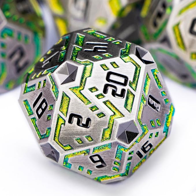 OGCOPHEN Metal DND Sci-fi Dice Set 7PCS Stripe Polyhedral Dice for Dungeons Dragons RPG Role Playing Game, Glitter D and D Dice with Gift Box D6 D8 D10 D12 D20 (Black&Purple Red)