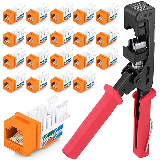 Everest 45Term - 45° Angled Speed Termination Keystone Tool Set - with 20-Pack of RJ45 Cat6A Keystone Jacks in White (Slim Profile Design) - Time Saver Network Punch Down Tool Cat6A