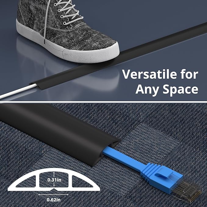 ZhiYo 3.6ft Cord Covers for Wires on Floor, Gray Cord Hider Floor Hide Extension Cords, Soft PVC Cable Cover Cable Protector, Wire Cavity W0.62in H0.31in, Grey