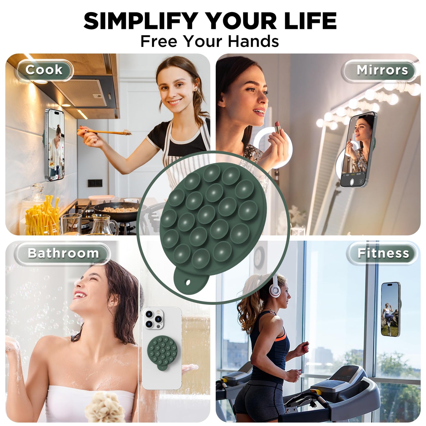 HSAOHD Magnetic Suction Cup Phone Mount, Compatible with MagSafe, Silicone Octo Cup Buddy Sticky Grip Holder for iPhone and Android, Removable Hands-Free Selfie/Video for TikTok, Alpine Green
