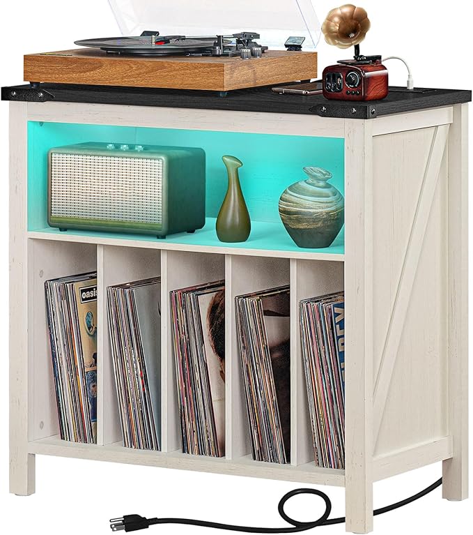 Joaxswe Large Record Player Stand with Charging Station & LED Lights, Vinyl Records Storage Holder Cabinet Holds up to 230 Albums, Turntable Stand for Music Room, Bedroom, Living Room