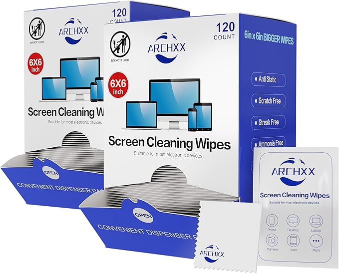 ARCHXX Screen Wipes for Electronics, 120 Count 6"x6" Pre-Moistened Screen Cleaner for Screens, Computer,Laptop,Tablet,Phone,Monitor,Car Screen Cleaner, Lens Wipes Individually Wrapped