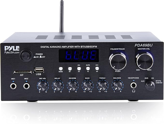 Pyle Stereo Amplifier Audio Receiver with Remote Control - Bluetooth Streaming, MP3/USB/SD/FM Radio, 2.0 Channel HiFi Sound System with RCA/Aux Inputs, Microphone & Headphone Jacks, Adjustable Bass