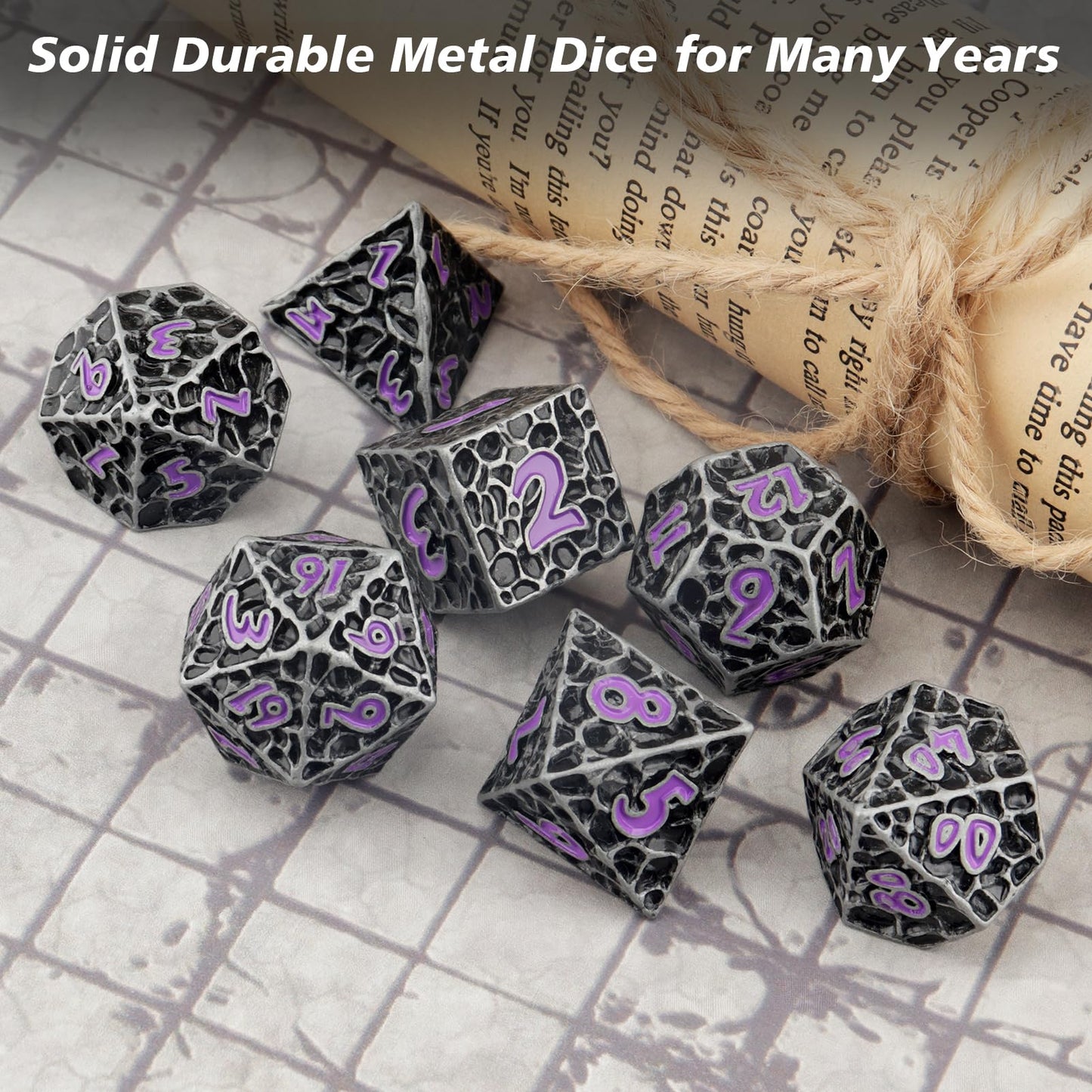 PJOY Metal Dice Set D&D for Dungeons and Dragons Dice with Case Meteorite Iron Purple 7PCS 16mm Role Playing Cool DND Gifts for Players DM Board Game Masters Wizards