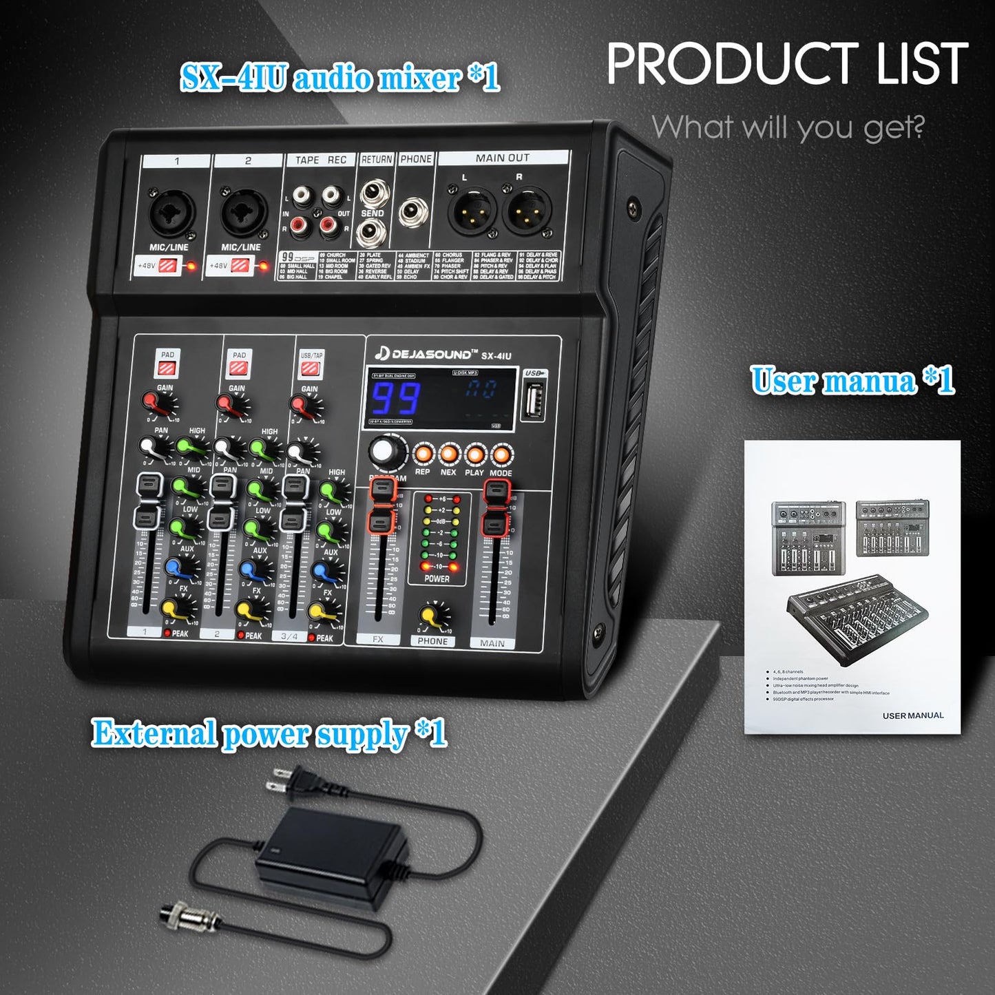 4-Channel Audio Mixer for PC, SX-4iu Mixing Console with XLR Inputs, Bluetooth, 99 Digital Signal Processor Effects, USB Interface, MP3 Compatible for Podcast, Music, Recording 9.84"x2.17"x9.84"inches