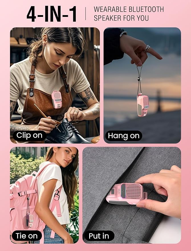 GBEAST Wearable Bluetooth Speaker with RGB, IPX6 Waterproof Clip-On Portable Speaker with 30H Playtime - Built-in Mic Hands-Free for Jobsite/Outdoor/Golf, TWS Portable Speakers(Pink)