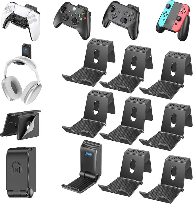 OIVO Controller & Headset Wall Mount Holder Stand, Foldable Headphone Stand, Gaming Controller Holder Hanger Hook, Universal Storage Organizer Controller/Earphone/Game Accessories-9 Packs