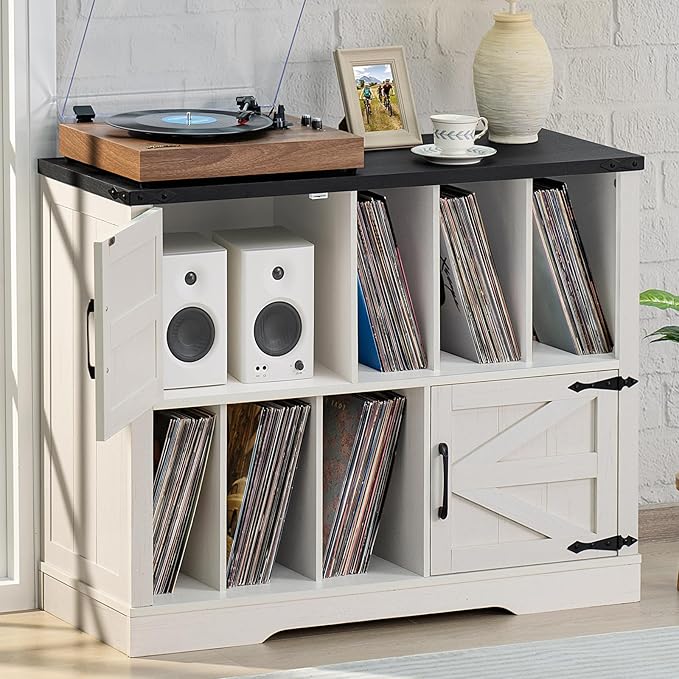 Joaxswe Large Record Player Stand with Vinyl Storage Up to 450 Albums, 39 Inch Farmhouse Brown Walnut Storage Cabinet with Barn Doors, Wood Vintage Mid-Century Turntable Stand for Bedroom, Living Room