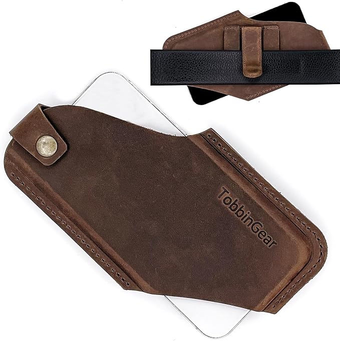 TobbinGear Leather Belt Phone Pouch, Leather Cell Phone Holster, Universal Phone Case with Belt Loops, for Men and Women Large Coffee