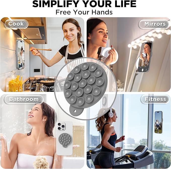 Magnetic Suction Cup Mount for MagSafe Case, Silicone Hands-Free Grip Holder for iPhone and Android, Mirror Shower Phone Stand for Makeup FaceTime Gym Kitchen Bathroom, Gray