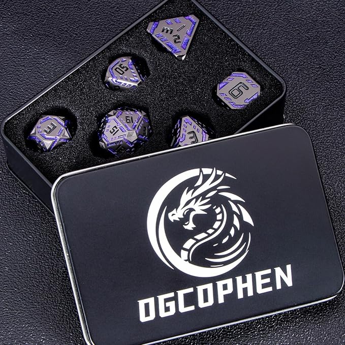 Metal DND Sci-fi Dice Set 7PCS Stripe Polyhedral Dice for Dungeons Dragons RPG Role Playing Game, Glitter D and D Dice with Gift Box D6 D8 D10 D12 D20 (Black Purple) 