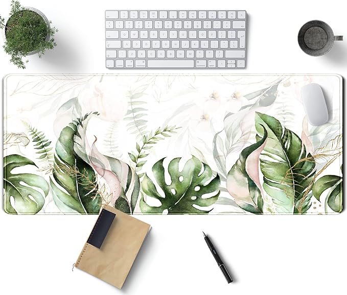 Green Plant Lovers Cute Desk Mat, Kawaii Desk Pad XXL Large Extended Lofi Mouse Pad Gaming Anime Mousepad, Big Laptop Computer Keyboard and Mouse Mat for Girl Women Office Desk Decor 31.5x15.7 in