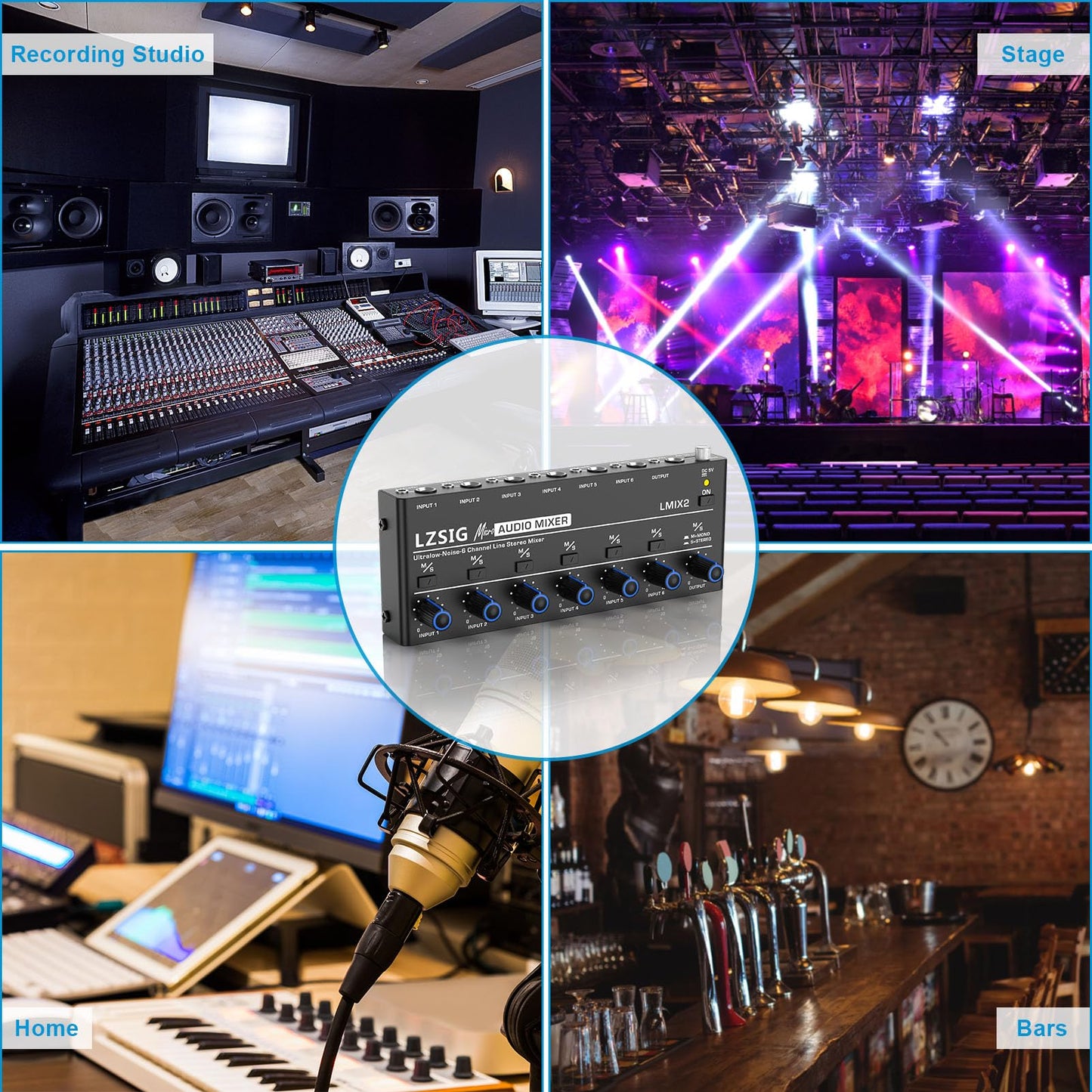 LZSIG Mini Audio Mixer, Ultra Low-Noise, 6-Channel, 6 IN 1 OUT