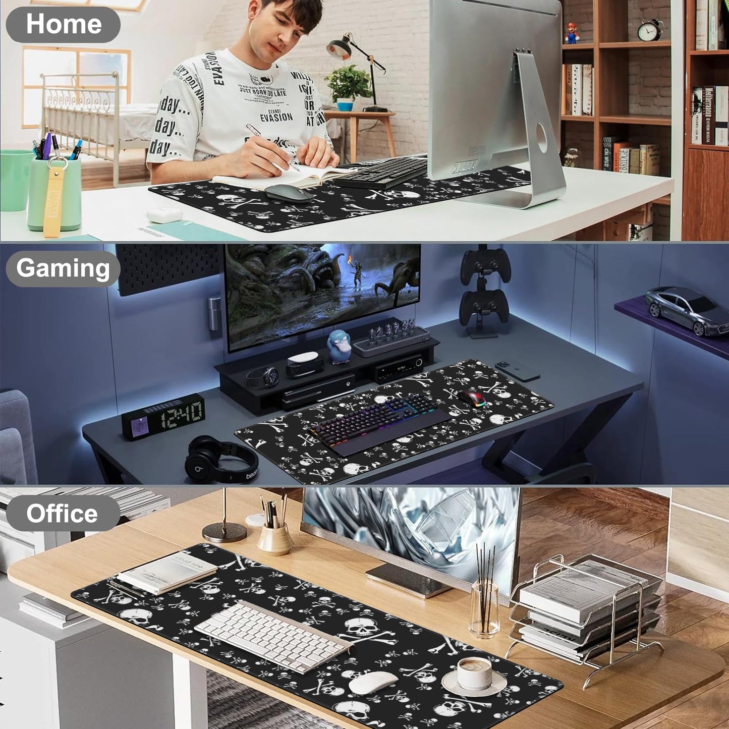 Skull Head Desk Mat,Large Pirate Skull Crossbones Gaming Keyboard Mouse Pad,Non-Slip Rubber Base Desk Pad Thick Stitched Edges Waterproof Mousepad Mouse Mat 31.5"x11.8"