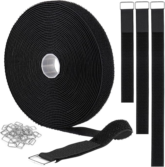 YMCRLUX 1"x32ft Hook and Loop Straps with 50 Metal Buckles, Adjustable Fastening Cable Straps, Cut-to-Length Cinch Strap, Reusable Nylon Securing Cord Ties for Organizer or Storage, 1 inch Wide