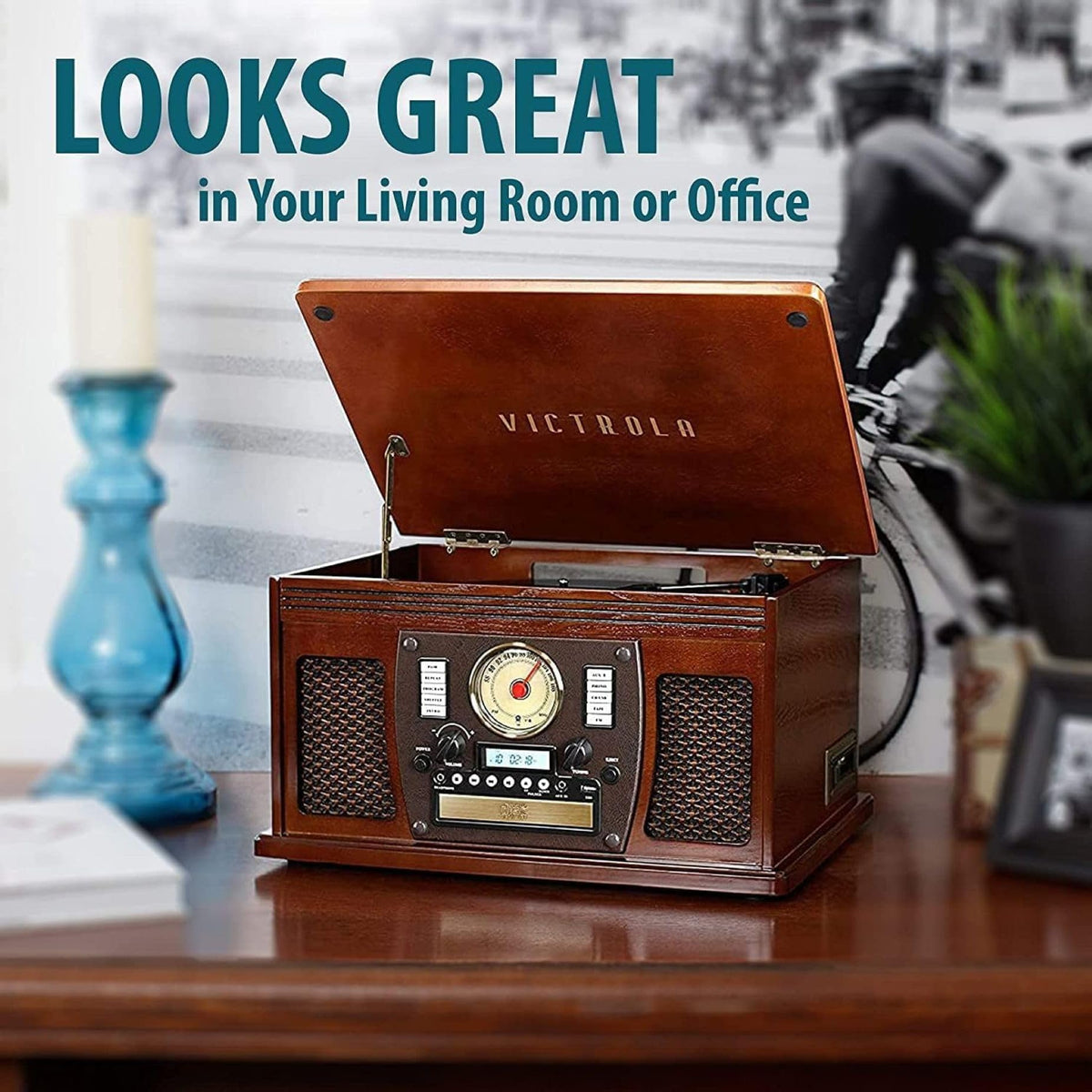 Victrola Aviator 8-in-1 Bluetooth Record Player & Multimedia Center with Built-in Stereo Speakers - 3-Speed Turntable, Vinyl to MP3 Recording, Wireless Music Streaming, Mahogany