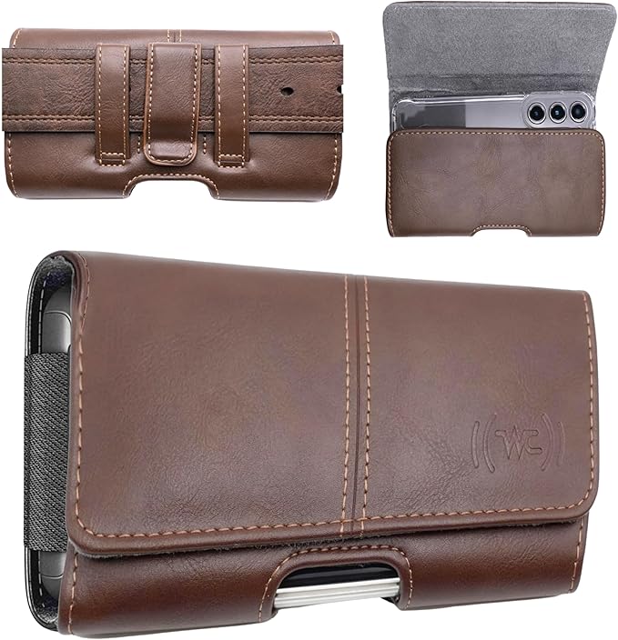 Wireless City Leather Phone Holster for iPhone 17/17 Pro 16/16 Pro/16e 15/15 Pro 14/14 Pro 13/13 Pro 12/12 Pro 11 XR Horizontal Belt Clip & Loop Phone Pouch Magnetic Closure Phone Holder for Men Brown