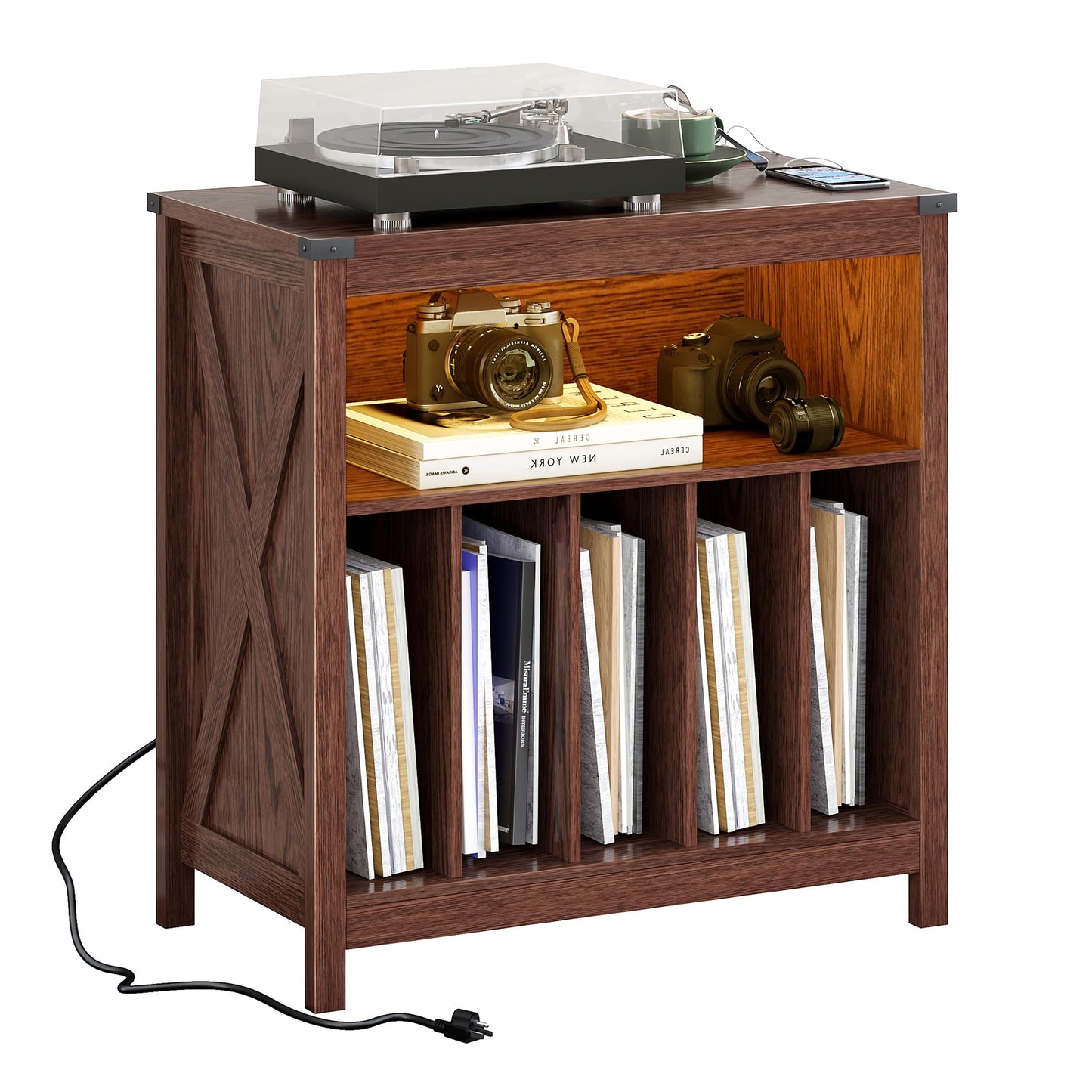 ChooChoo Large Record Player Stand with Charging Station & LED Light