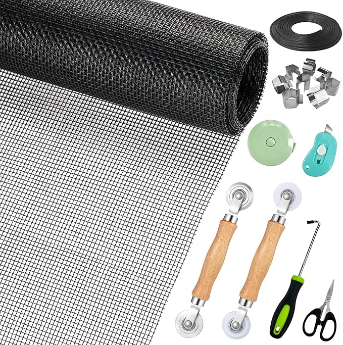 Window Screen Replacement,Screen Door Repair Kit, 48"x178" Grey Window Screen Mesh,Including 50 FT Splines+Hooks+2 Rollers+8 Clips+Scissors+Knife+Tape Measure,Fully Equipped Window Screen Repair Kit