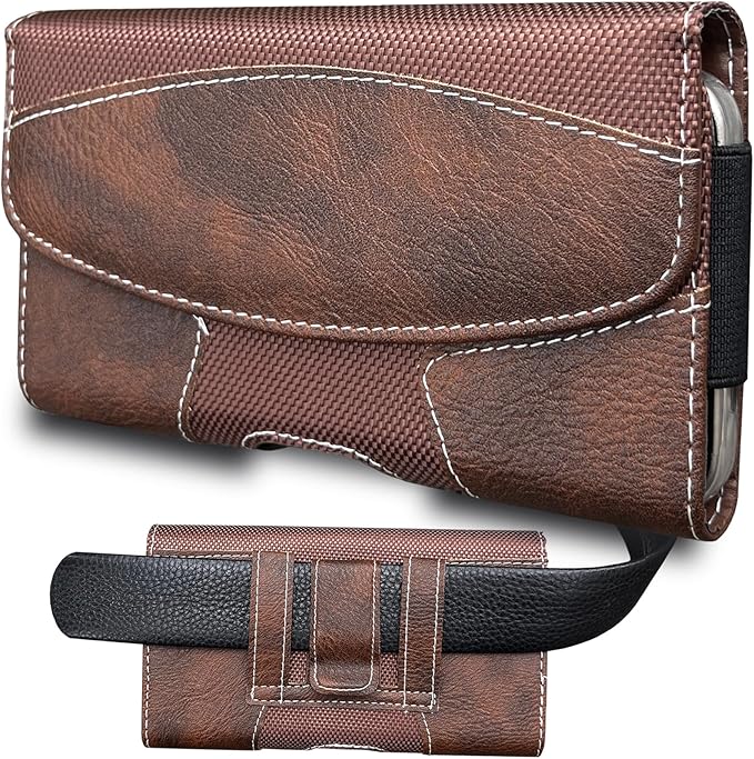 Maezar Leather Phone Holster for Men with Belt Clip, Cell Phone Holder for Galaxy A06/F06/M06/F14/XCover7/Moto Defy 2/BLU G64/TCL 60R/HMD Key,Belt Pouch Case Magnetic Closure (Brown-XXL)