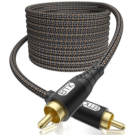 EMK 90 Degree RCA Subwoofer Cable 24K Gold-Plated Connector Nylon Braided Double Shielded – Support Digital & Analog Signals for Amplifier, Home Theater, Hi-Fi System