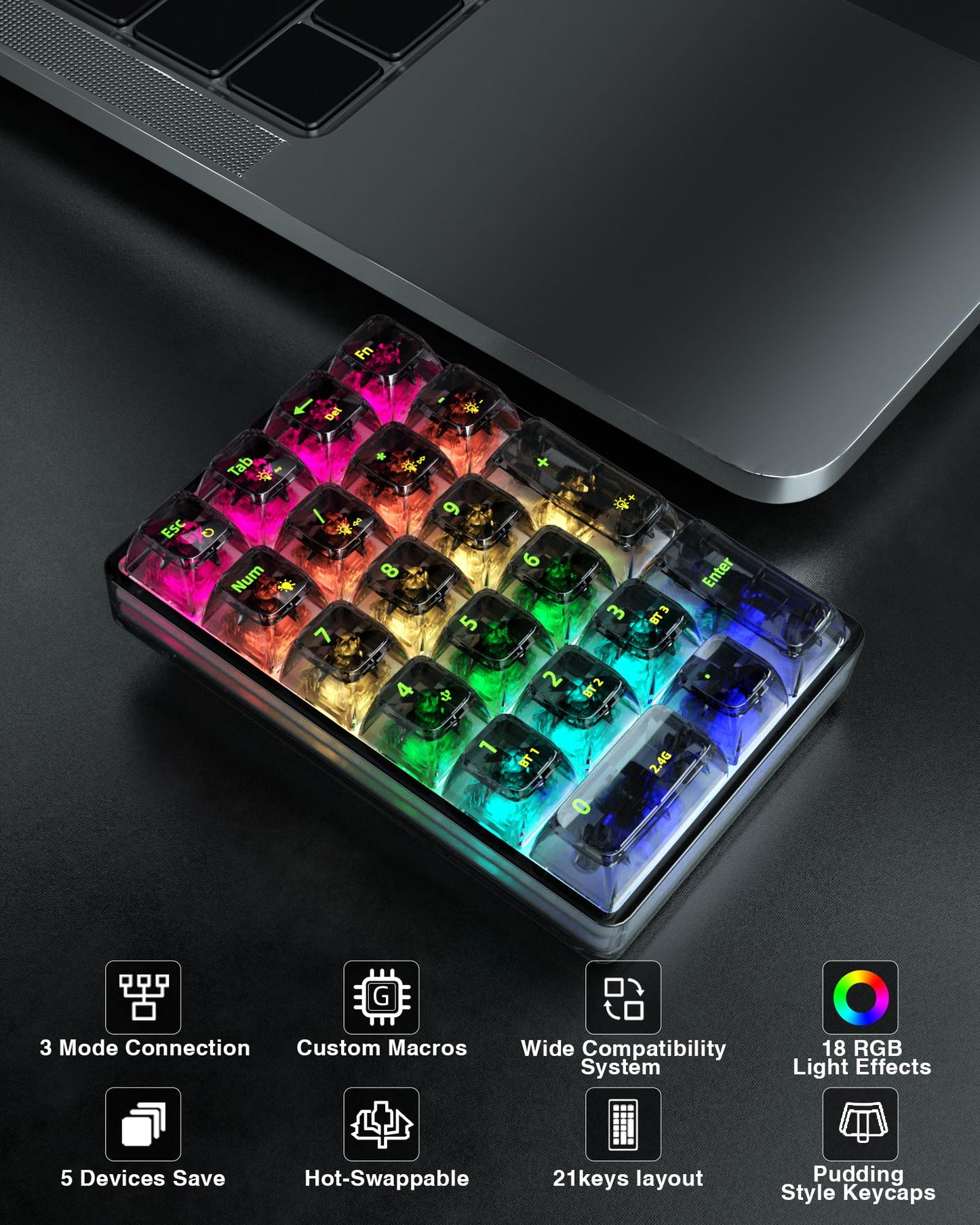 SOLAKAKA K21 RGB Backlit Tri-Mode Transparent Wireless Mechanical Number Pad Supports 3 BT/2.4GHz/Type C Wired, Hot Swappable 21 Keys with Transparent Keycaps Black