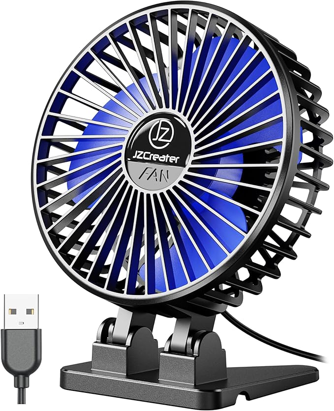 JZCreater USB Desk Fan, Mini Portable, 3 Speeds Desktop Table Cooling, Plug in Power, Rotation Strong Wind, Quiet Personal Small for Home Office Travel Bedroom