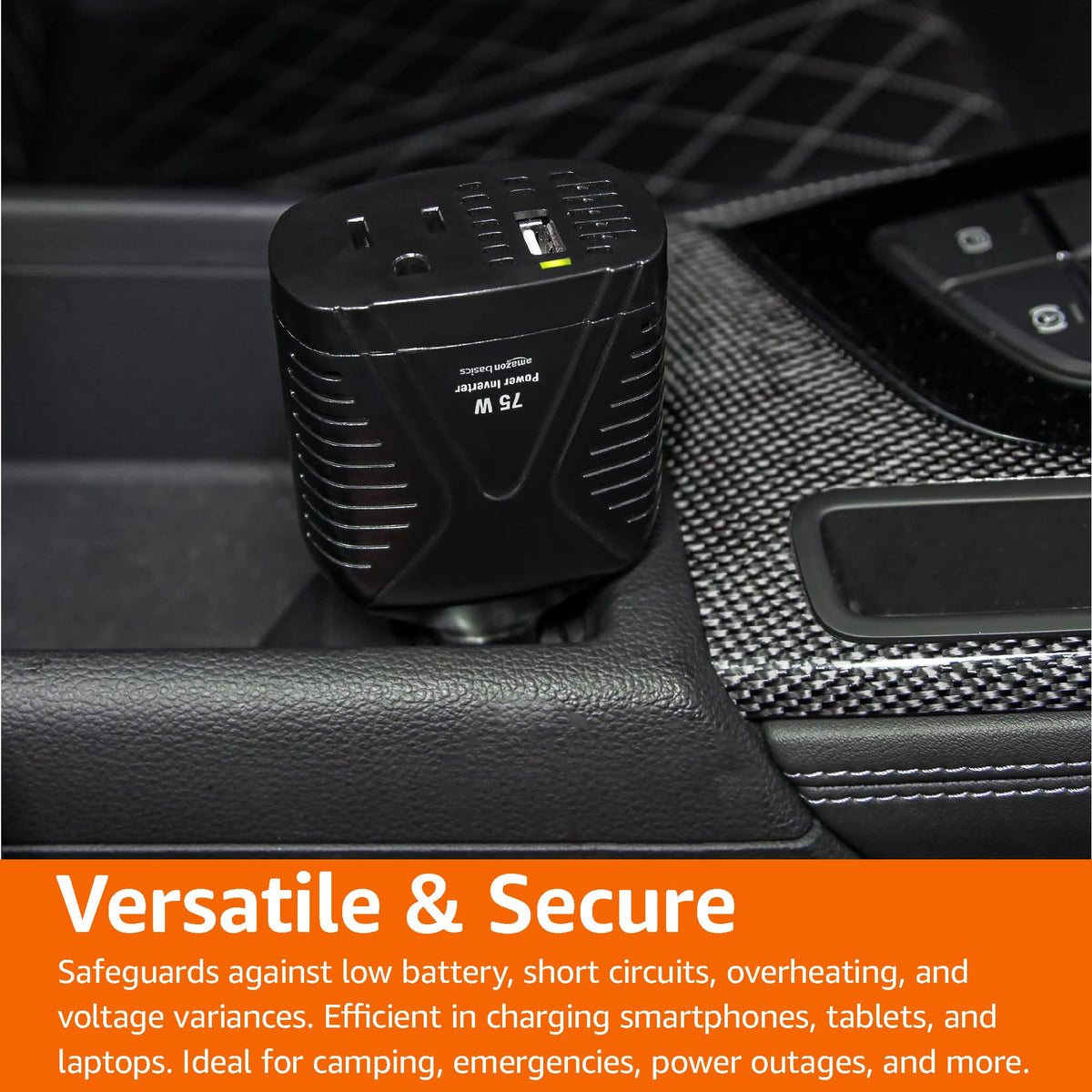 Amazon Basics 75W Portable Car Power Inverter, 12V to 110V, USB Charging Port, AC Outlet for Vehicles, Black, 5.07 x 2.65 x 1.6 inches